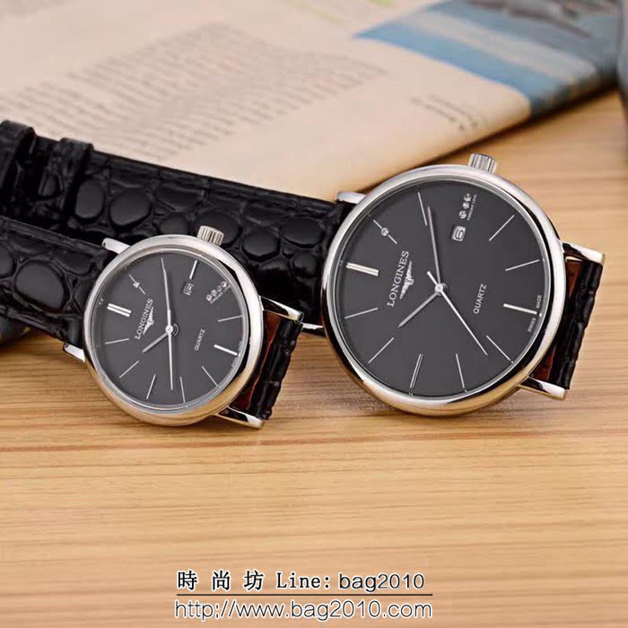 LONGINES浪琴 牛皮錶帶石英情侶對表  WSS1859